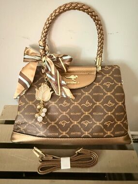 Metallic Brown Logo-Print Braided Handle Satchel